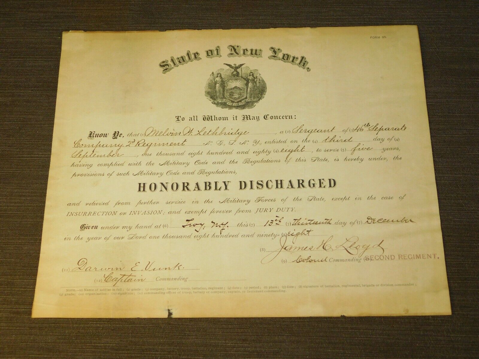 VINTAGE 1898 NEW YORK STATE NATIONAL GUARD DISCHARGED  CERTIFICATE