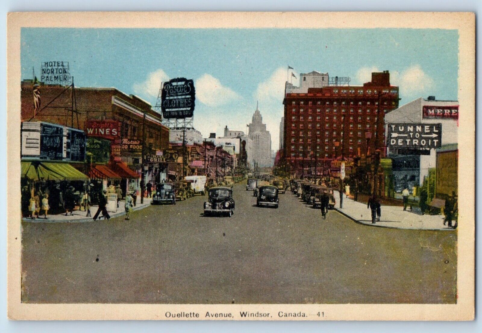 Windsor Ontario Canada Postcard Ouellette Avenue Wine Shop Hotel c1940\'s