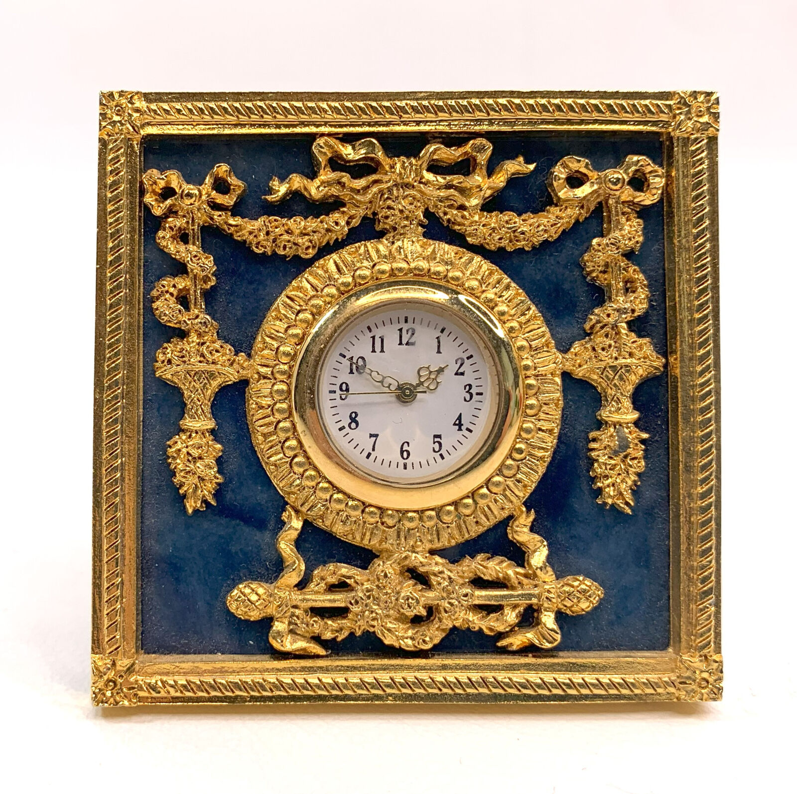 Italian Chiellini Desk Clock Vintage Mini Clock Gold Plated Italy Blue & Gold