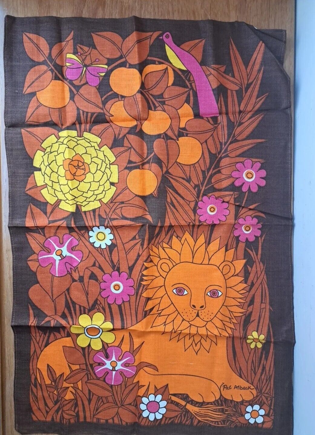 Unused Vintage Retro 70s PAT ALBECK Orange Brown Lion Flowers Tea Towel Wall Art