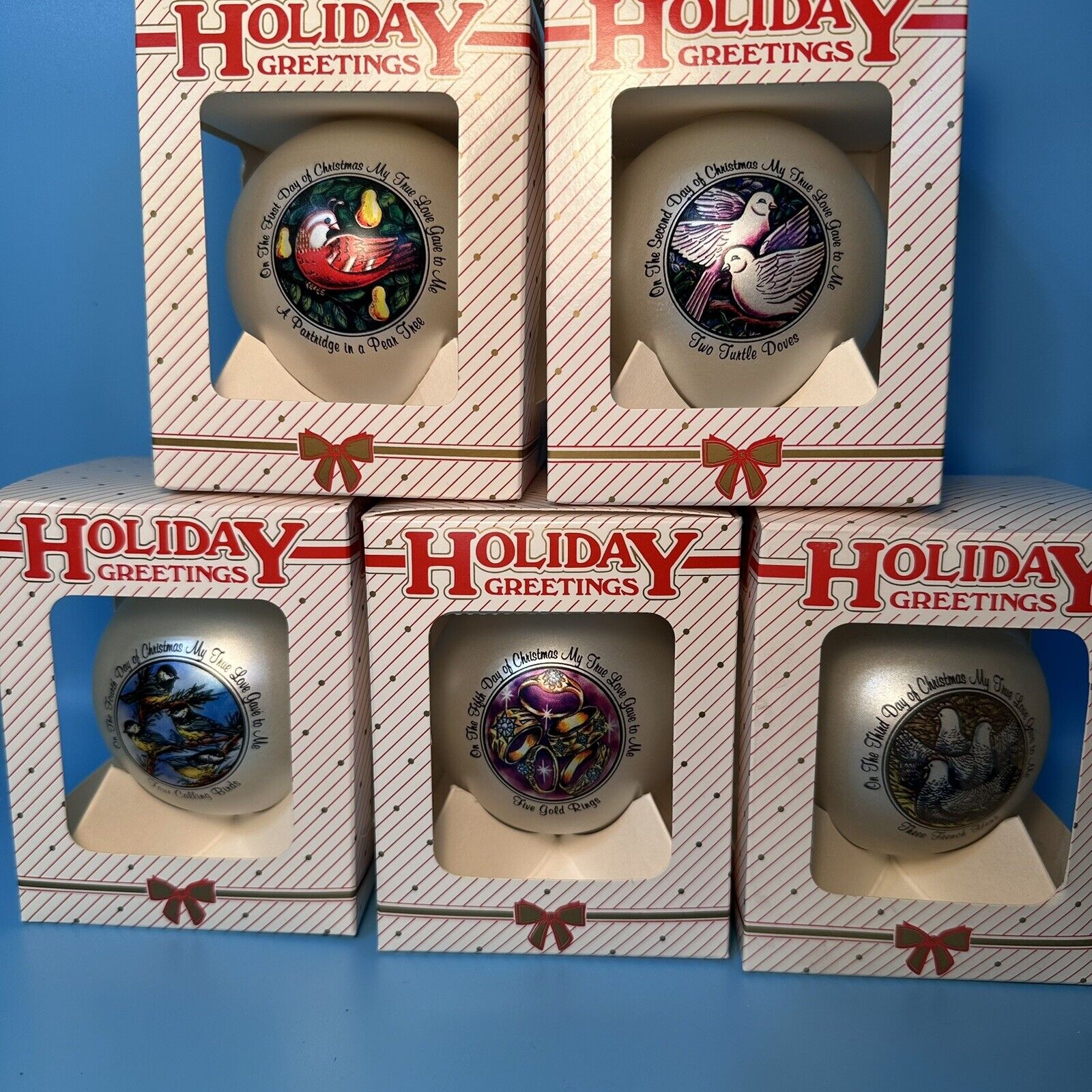 Holiday Greetings Ornaments Days 1, 2, 3, 4, 5 of The 12 Days Of Christmas Lot