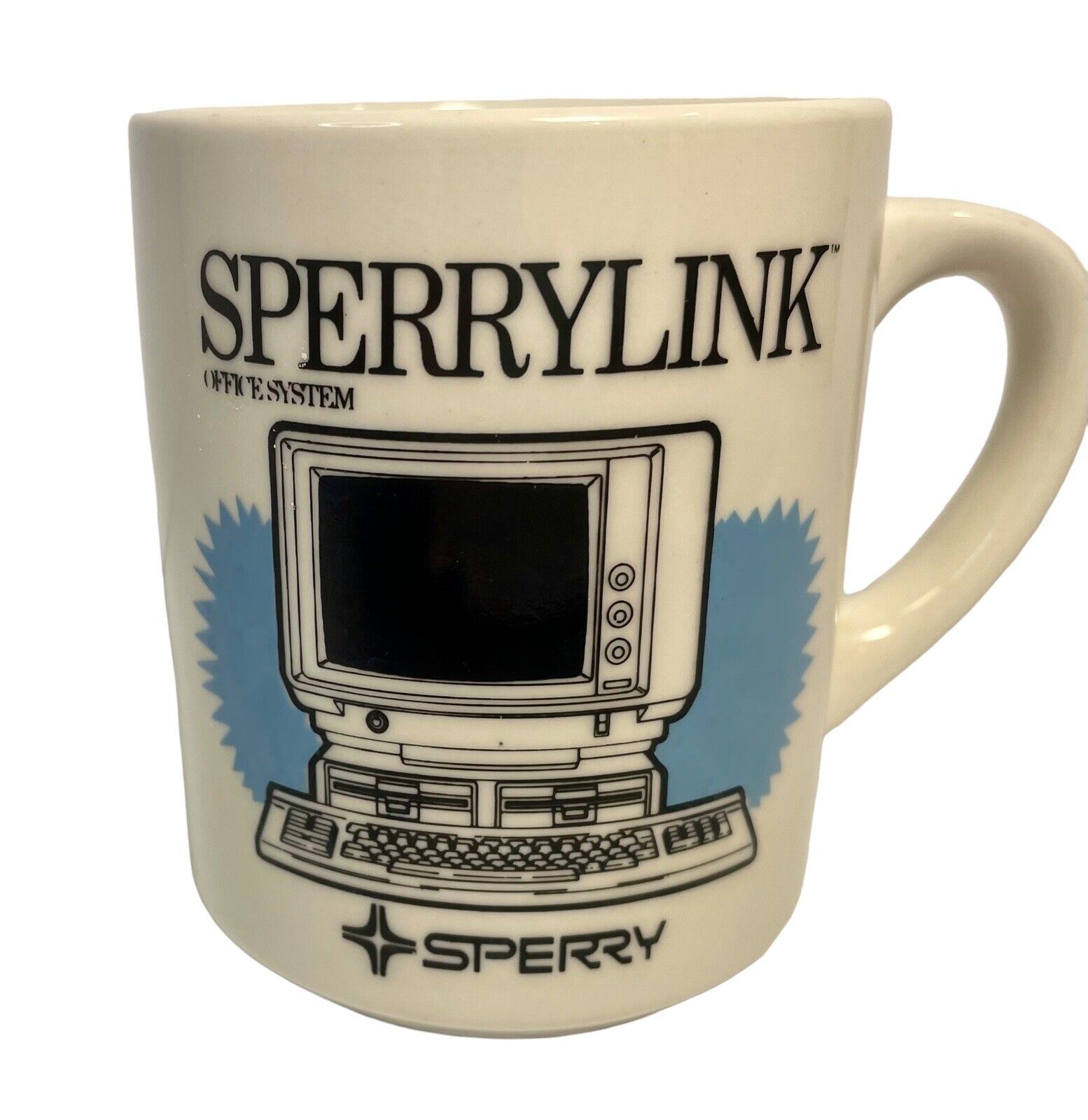 Vintage Sperry Sperrylink Office System Computer 3.5 in Ceramic Blue & White Mug