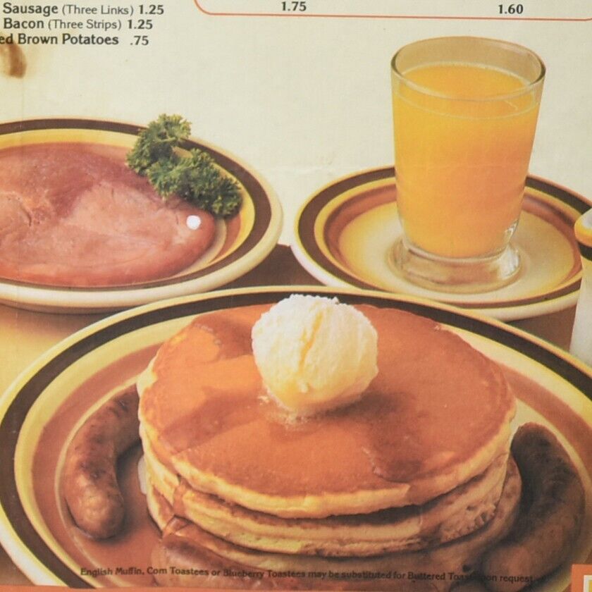 1982 Howard Johnson\'s Hot Cakes Scrambled Eggs French Toast Placemat Menu