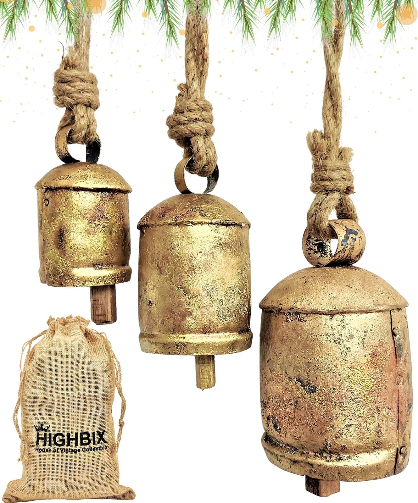 HIGHBIX Set of 3 Harmony Cow Bells Vintage Handmade Rustic Lucky Christmas Ha...