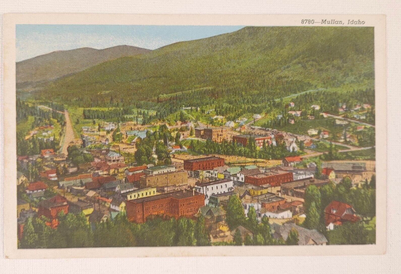 Mullan Idaho Aerial View Downtown Building and Mountains Linen  Postcard