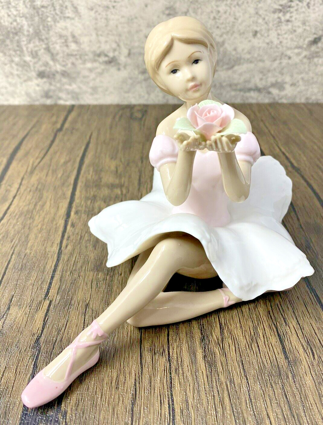 Pretty Porcelain VINTAGE Ballerina Figurine Pink Rose Flowers Glossy Perfect Con