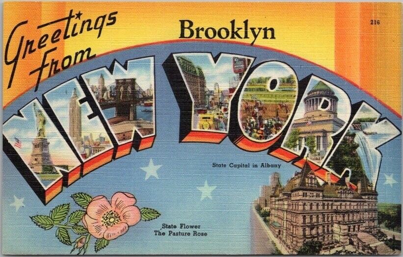 c1940s Brooklyn, NEW YORK Large Letter Linen Postcard State Capitol & Flower