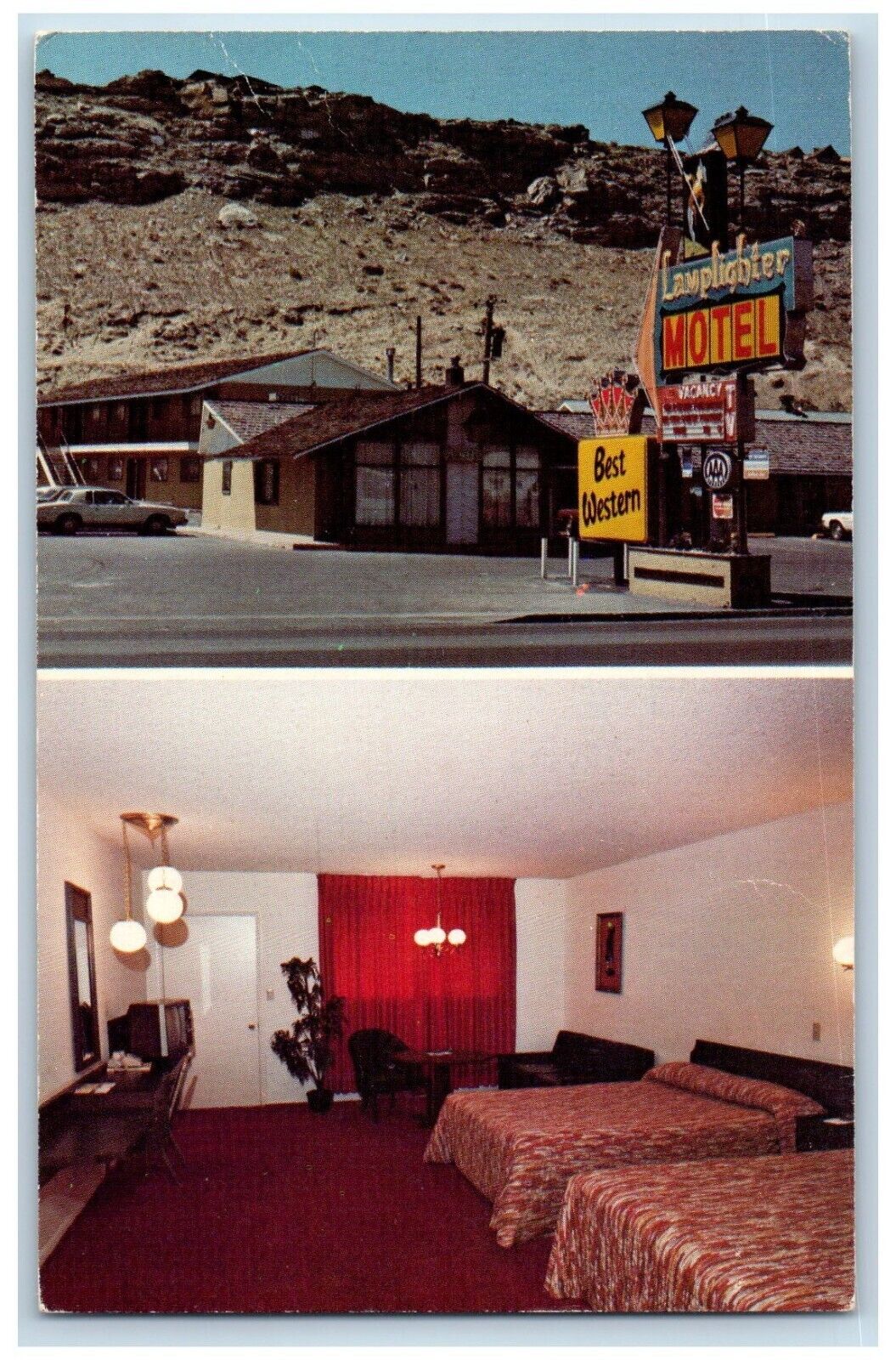 Rocks Springs Wyoming WY Postcard Lamplighter Motel Room Dual View c1950\'s