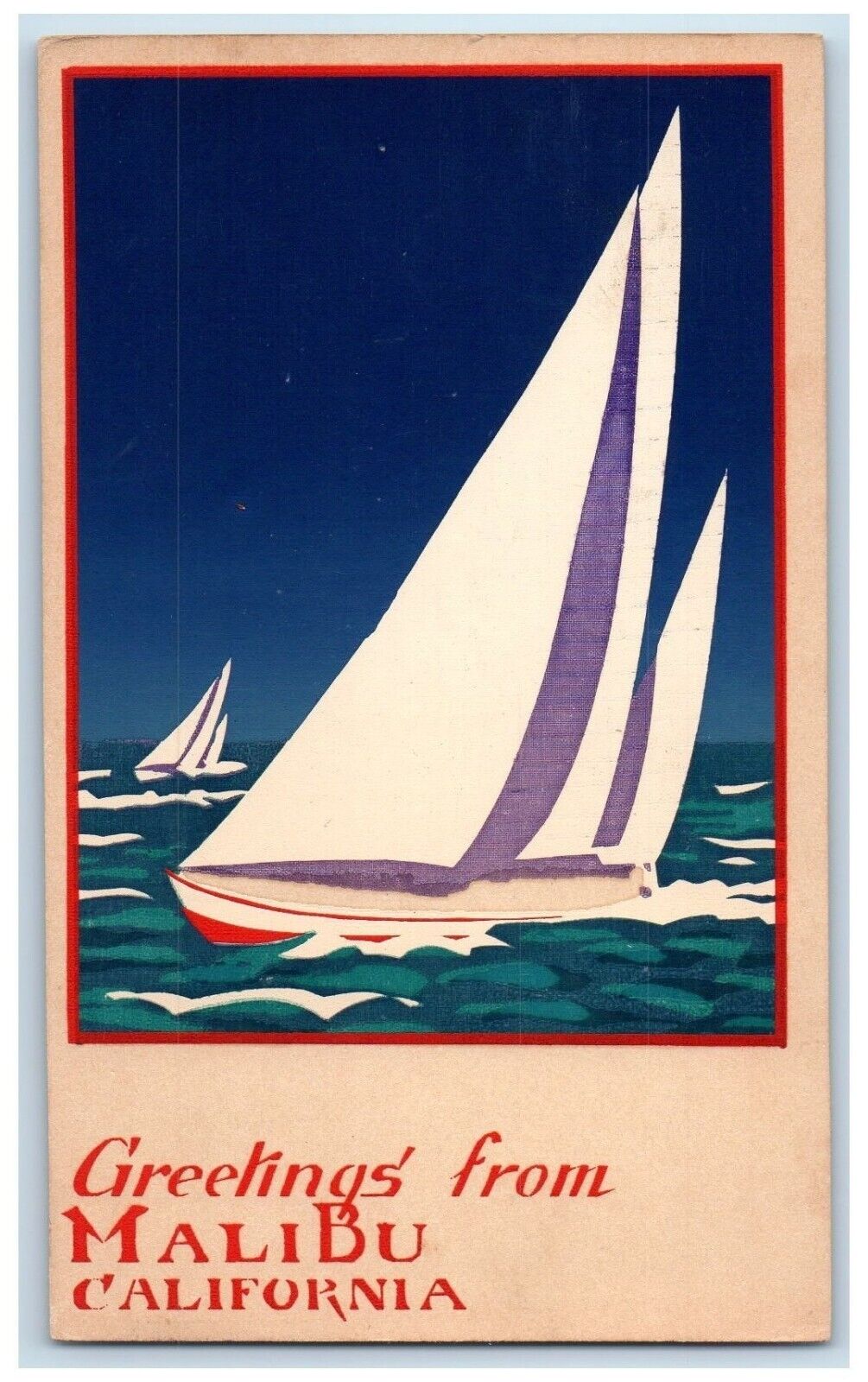 c1930\'s Greetings From Malibu California CA, Sailboat Along Malibu Postcard
