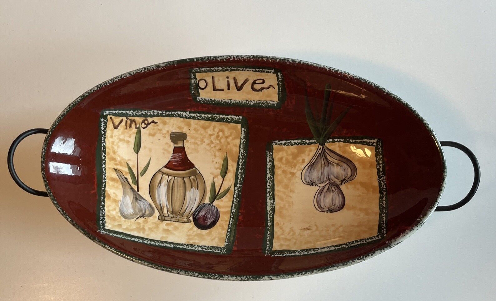 Parini Ceramic Taste of Tuscany Vino Olive Garlic Oval Bowl With Metal Stand