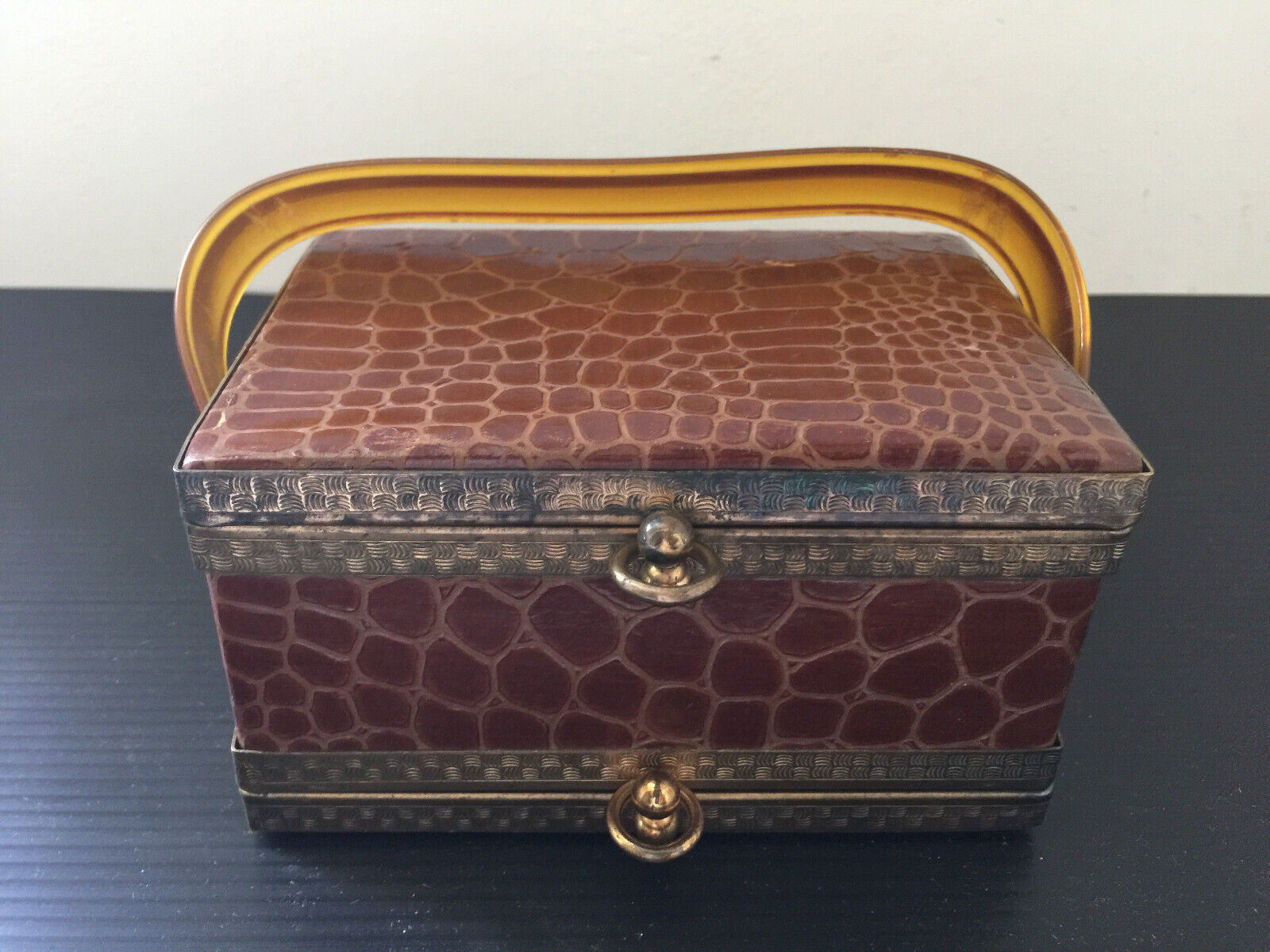 Vintage Mock Croc gator Leather jewelry box 2 CMPTs w/ handle & Brass Fixtures