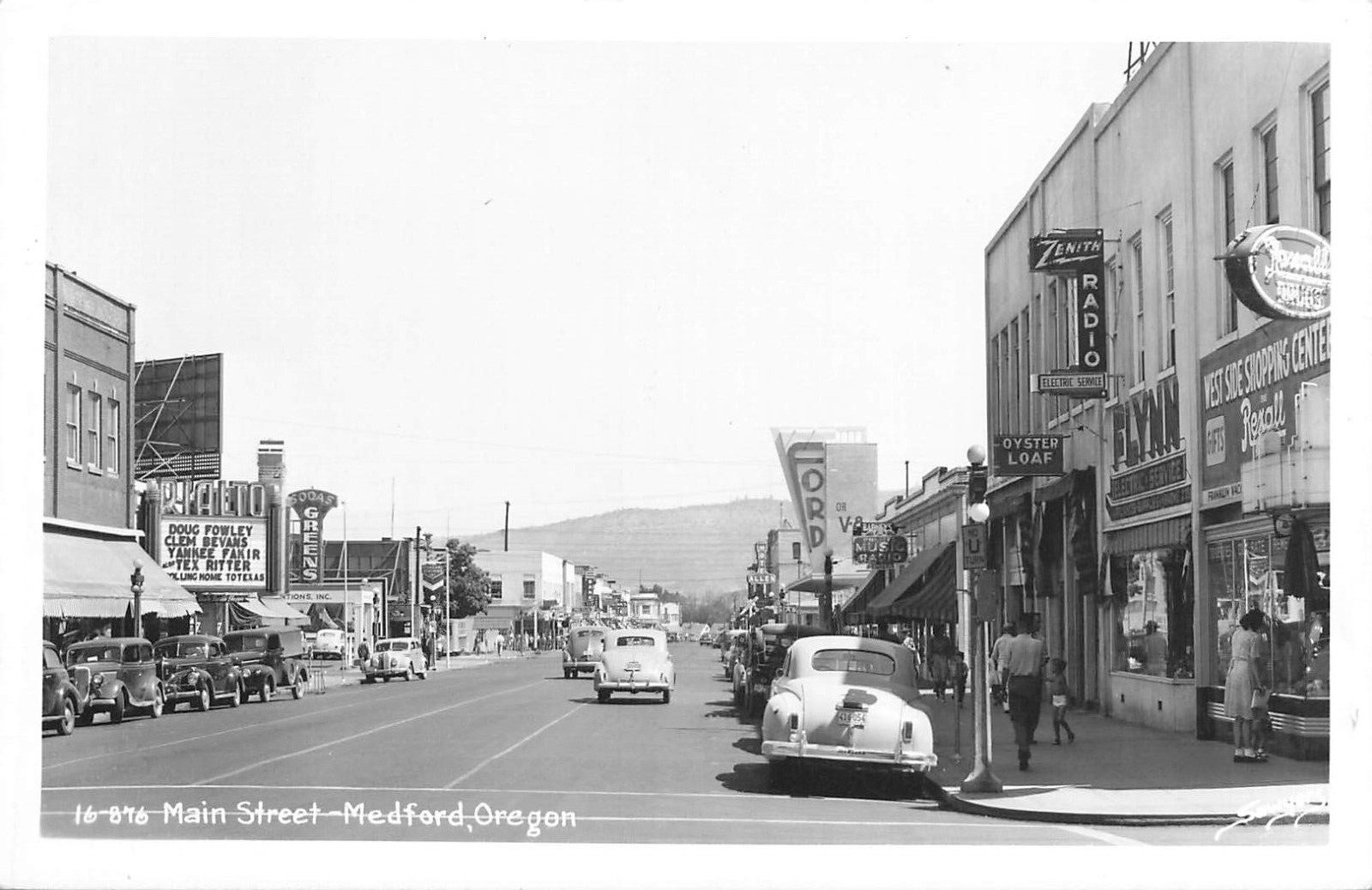 RPPC Main Street Medford OR c1947 Theater Yankee Fakir, Drug Store, Ford Dealer