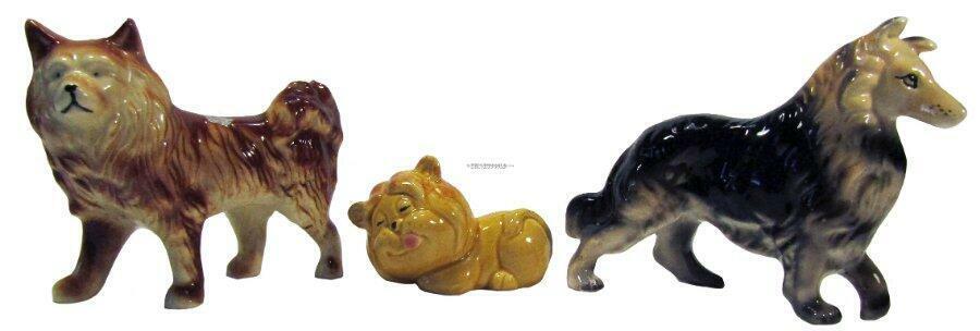  2 Dog Porcelain Figurines Statue & Lion Cub Salt Shaker Japan Mid Century 1950s