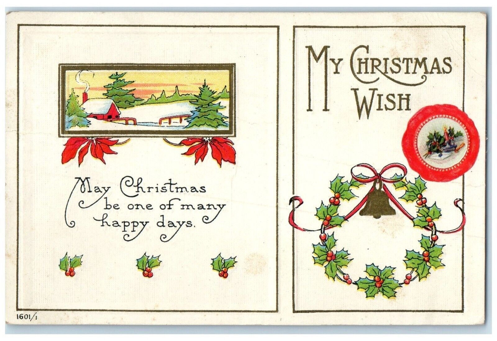 1915 Christmas Whreat Berries House Smoke Chimney Winter Rake Iowa IA Postcard