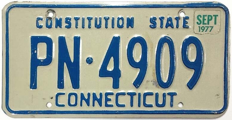 Vintage Connecticut 1977 License Plate PN-4909 on Limited Issue White Base