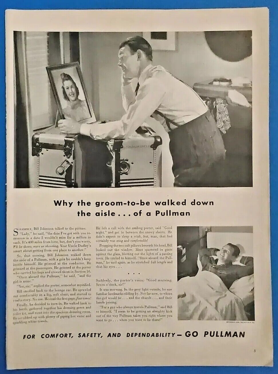 1942 Pullman Train Car Vtg 1940\'s Print Ad Why the groom-to-be walked down...