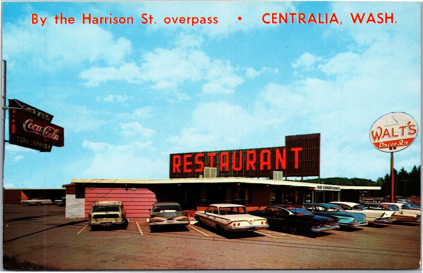 Postcard WA Centralia Walt's Triangle Drive-In Restaurant Coke Cars