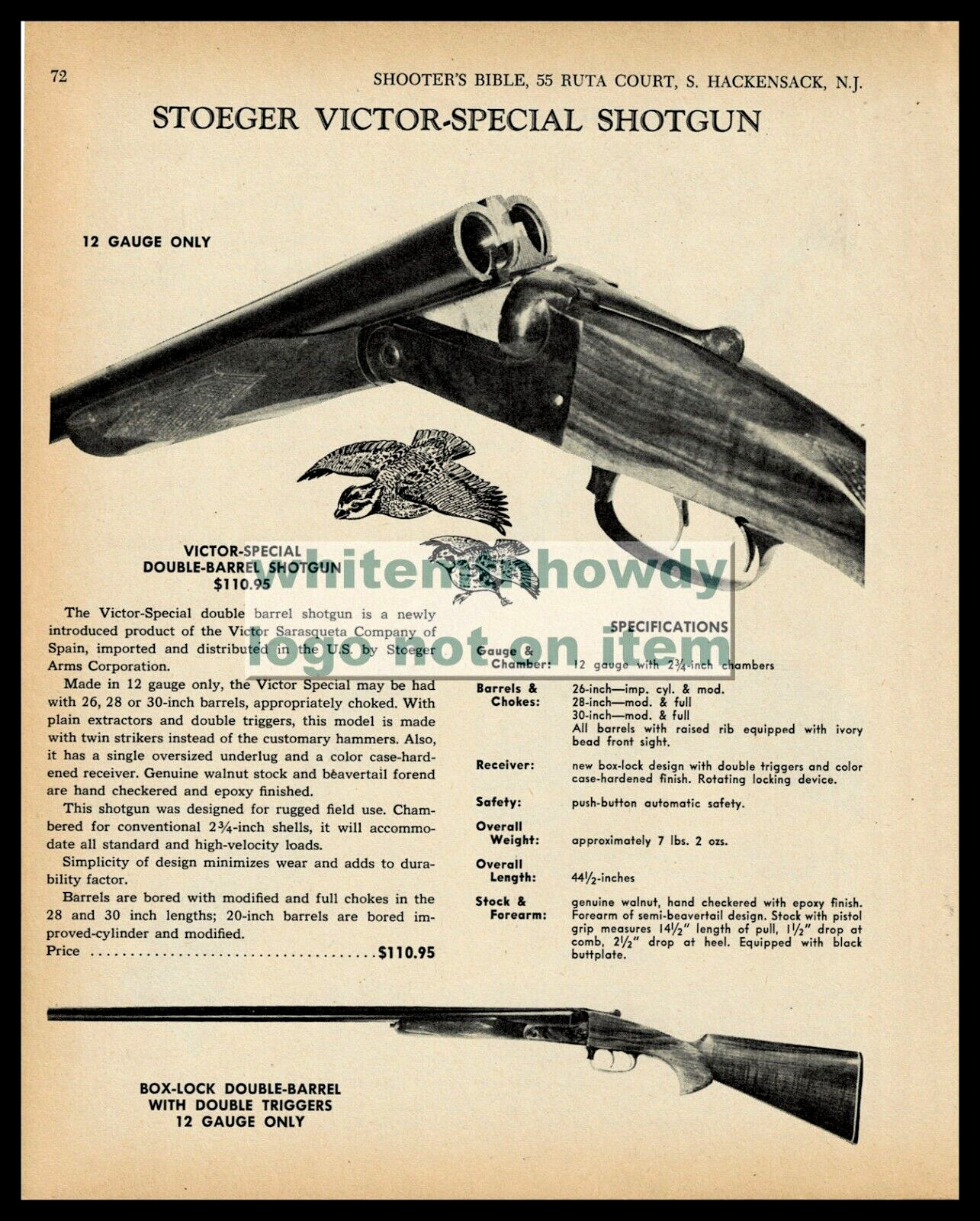 1970 STOEGER Victor Special DB Shotgun PRINT AD w/B ox-Lock Double Trigger