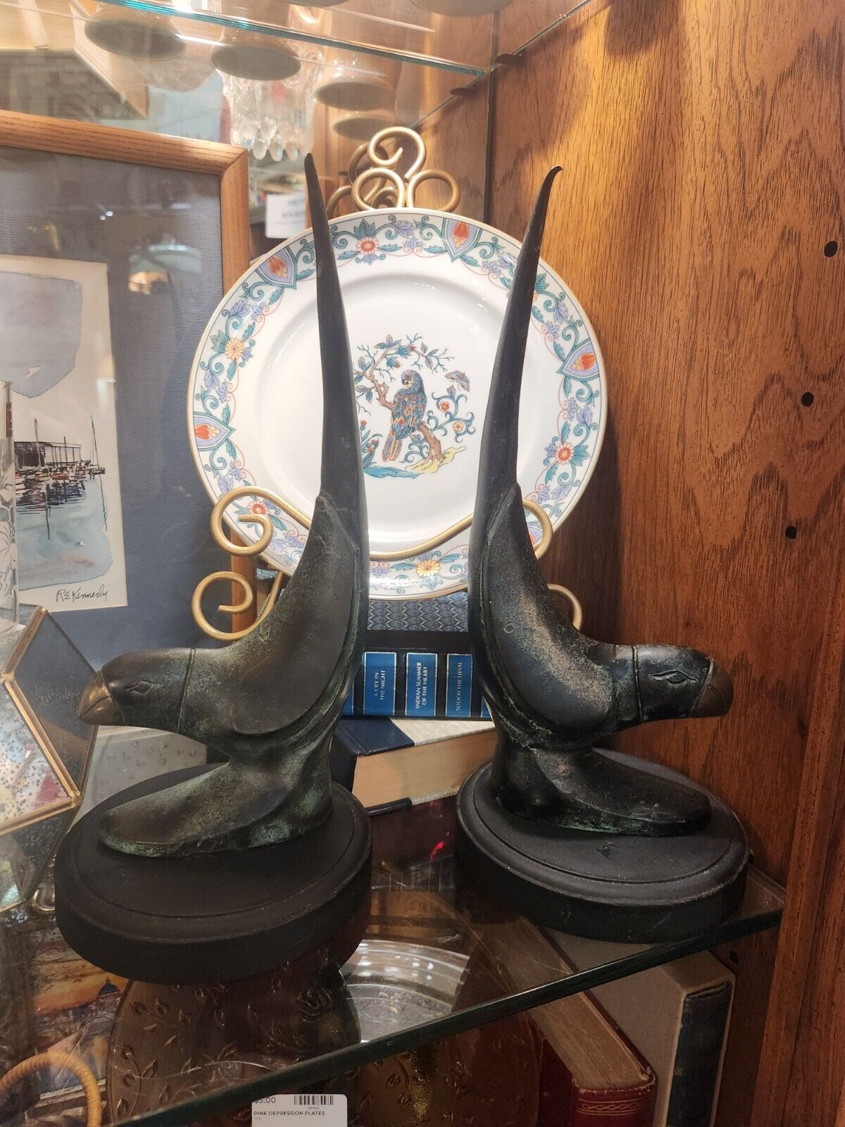 Set of two Gorgeous 60’s solid bronze & wood carved parrot bookends