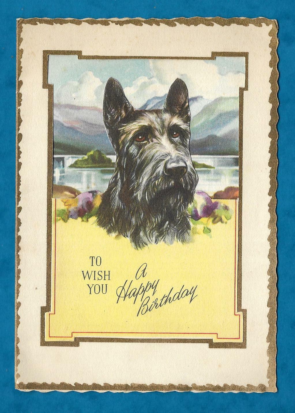 C1950s BIRTHDAY CARD - PORTRAIT OF SCOTTIE DOG, MOUNTAINS, LOCH