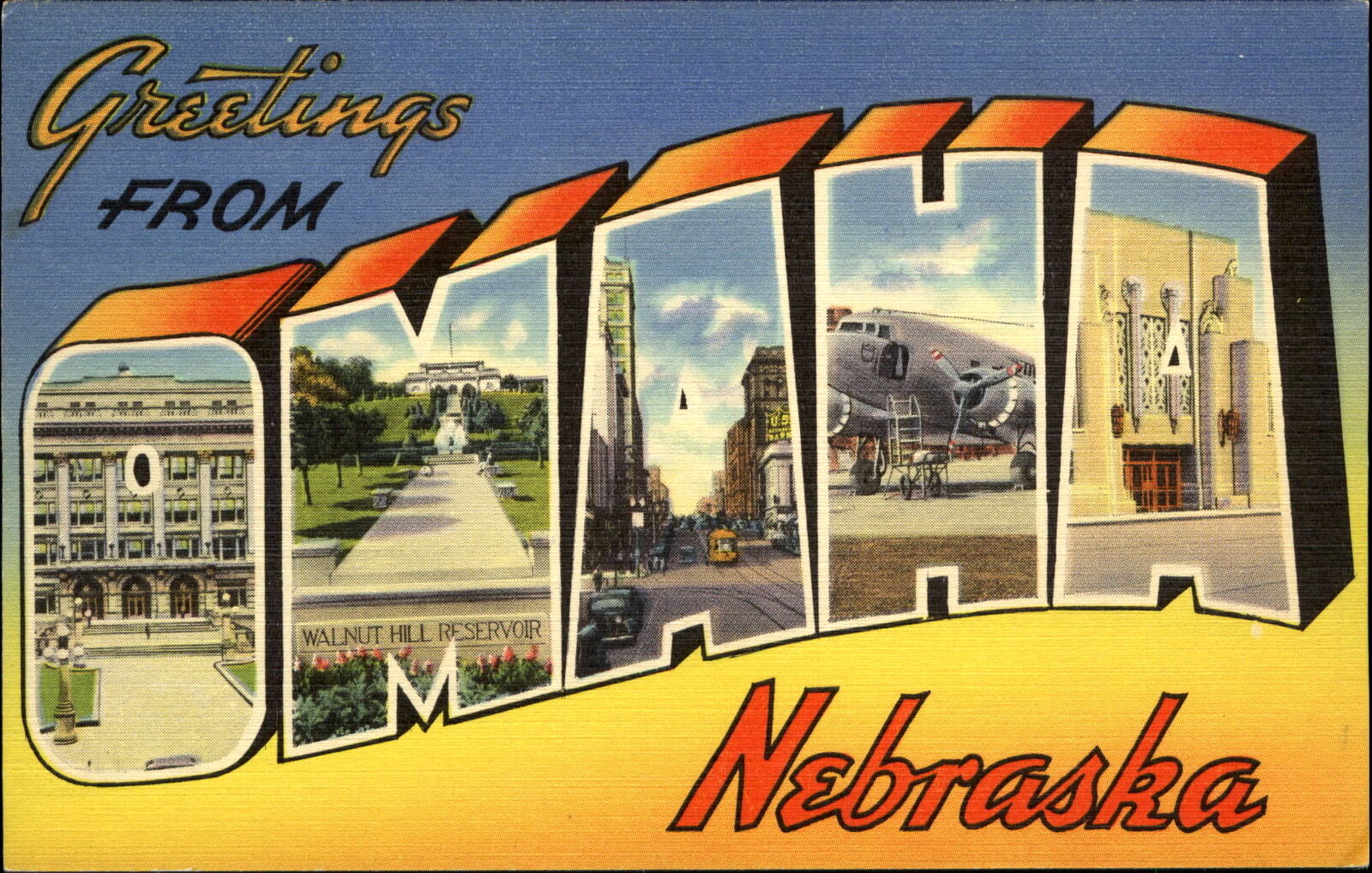 Greetings from OMAHA NEBRASKA ~ Large Letter Linen 1940s ~ airplane ~ downtown