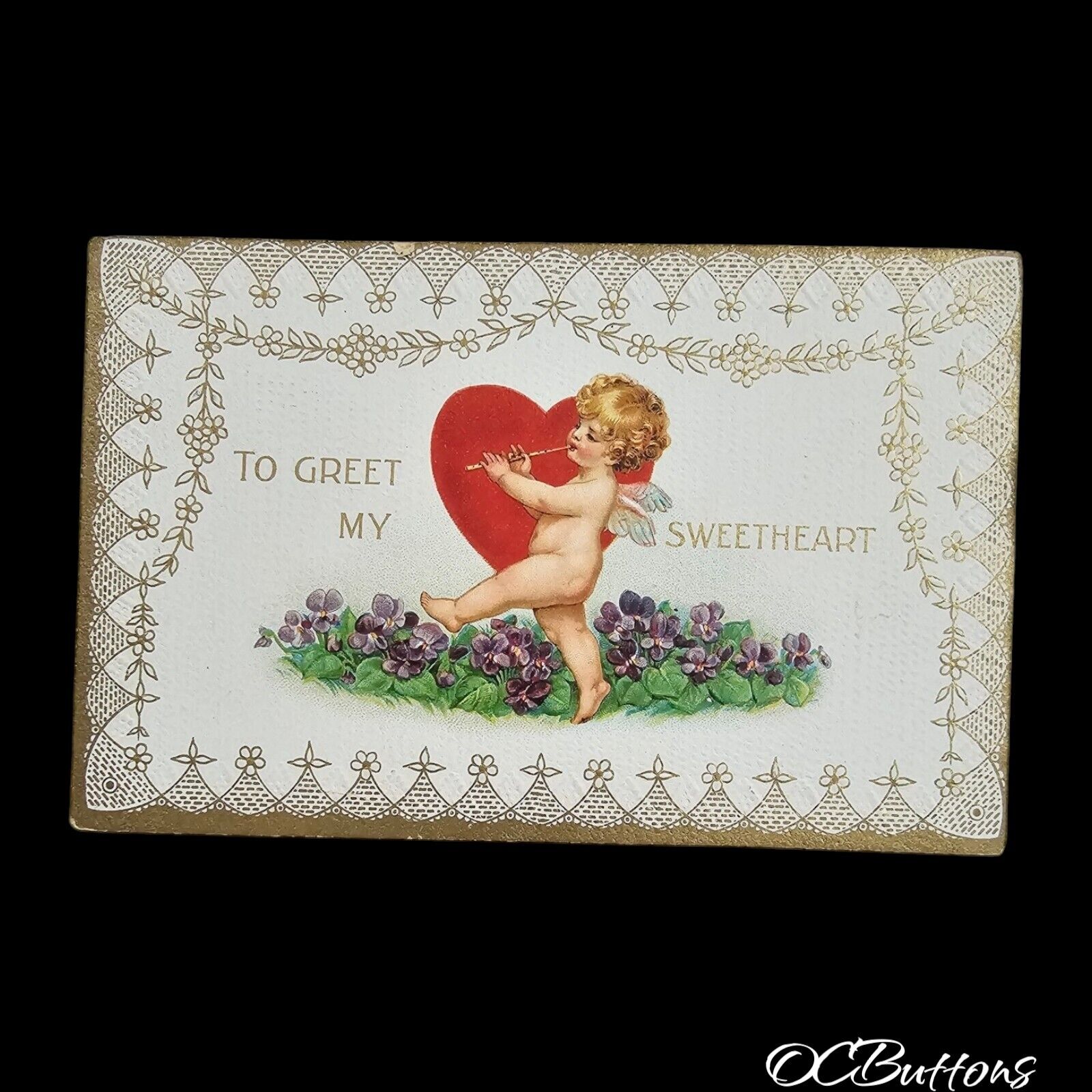 1918 Antique Postcard Valentine\'s Day Cherub Big Heart Cancel US Postage