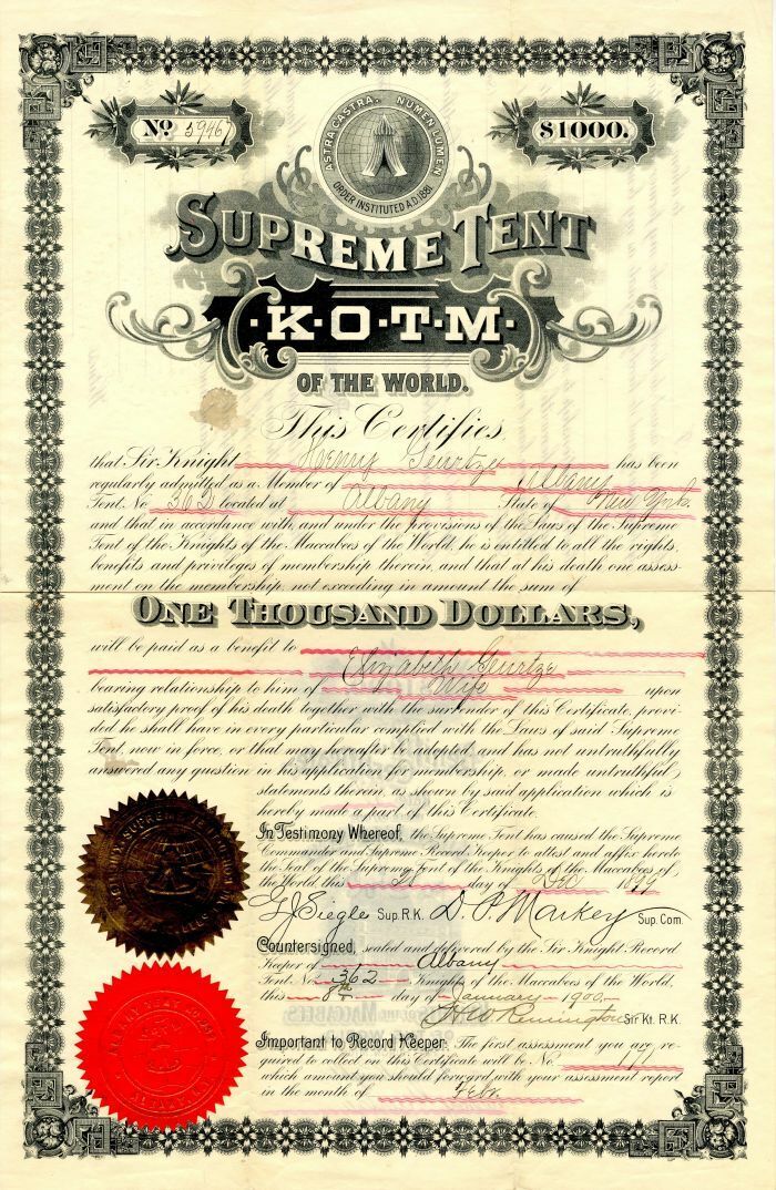 Supreme Tent of the World Certificate - Miscellaneous