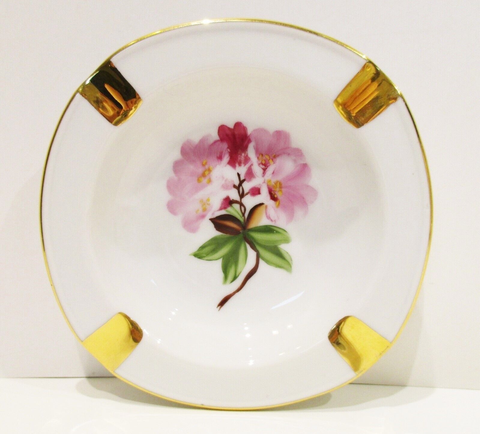 Vintage Germany Ashtray Hand Painted Flowers Floral w/ Gold Accents Hans Worms