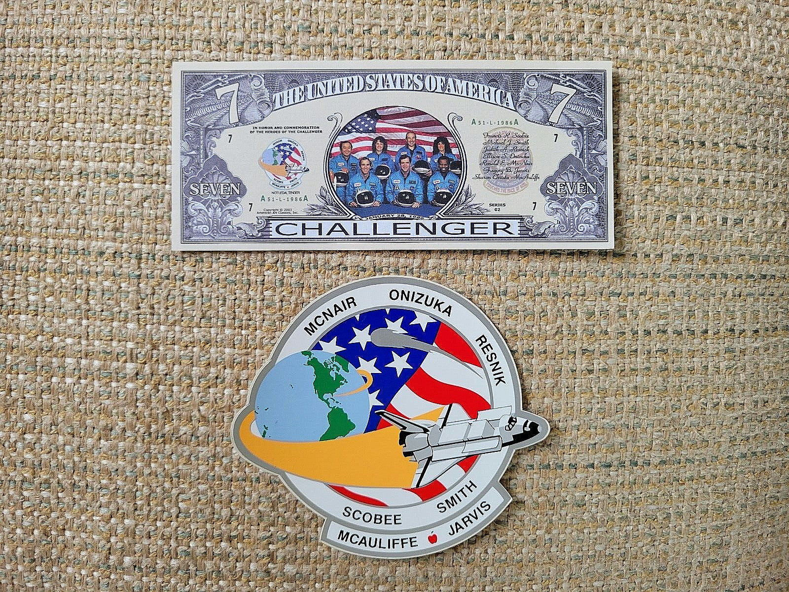 LOT OF 2 - NASA SPACE SHUTTLE STS-51L - Vintage DECAL & Challenger Novelty Money