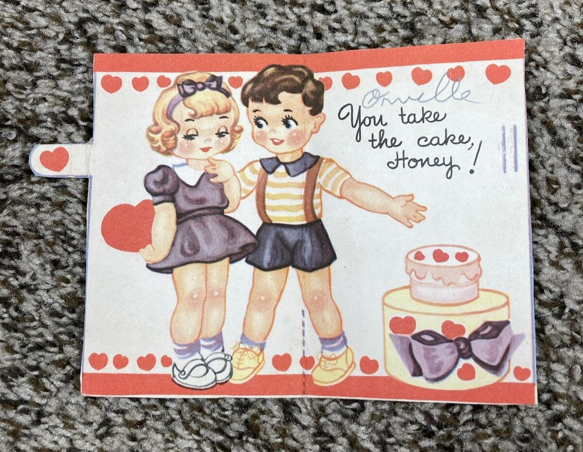 Vintage Valentines Day Card Boy Girl w Cake You Take The Cake