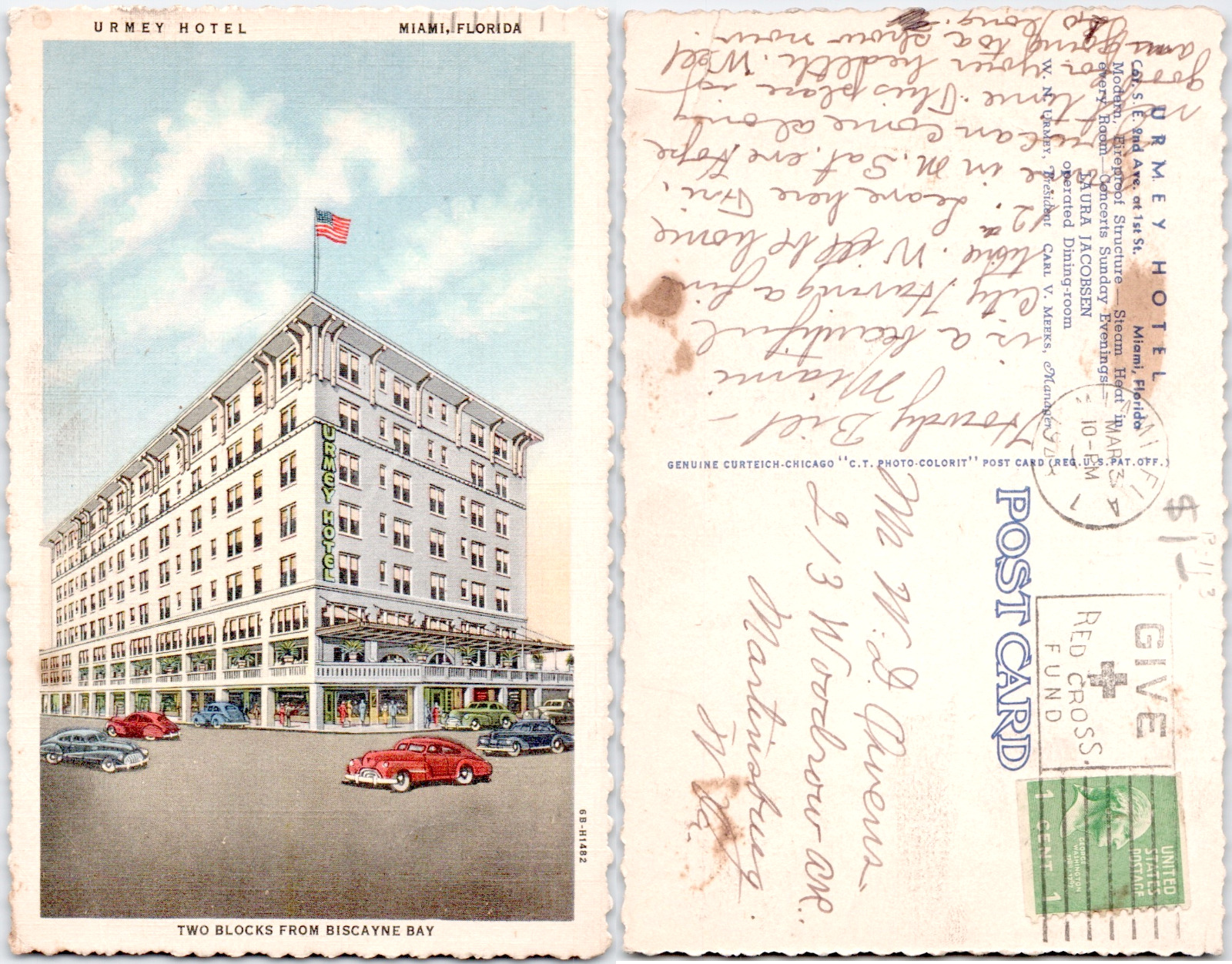 Urmey Hotel Miami Florida Old Cars 1948 FL Linen Fancy Cancel Vintage Postcard