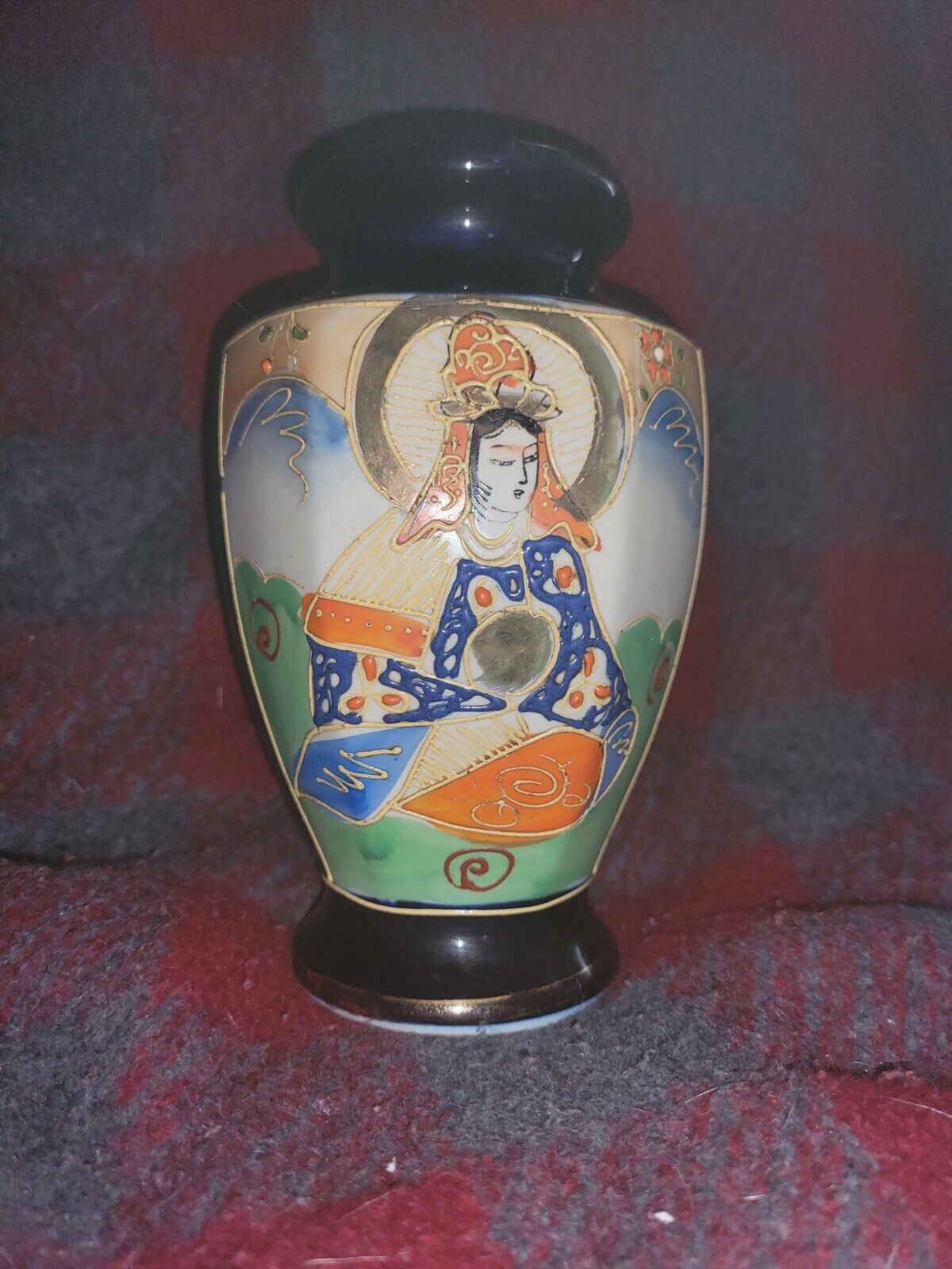 Vintage Japanese Cobalt Vase 6.75” Ornate Patterns Hotta Yu Shoten H Mark Japan