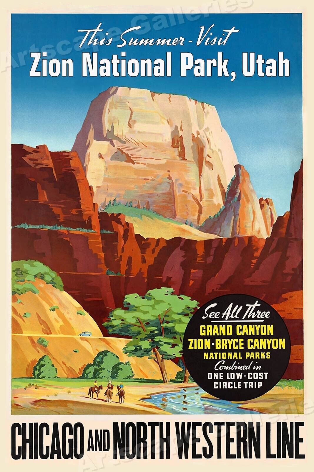 Visit Zion National Park 1950s Vintage Style Railroad Travel Poster - 16x24