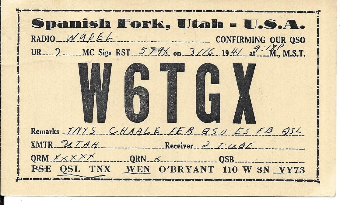 QSL 1941 Spanish Forks Utah    radio card