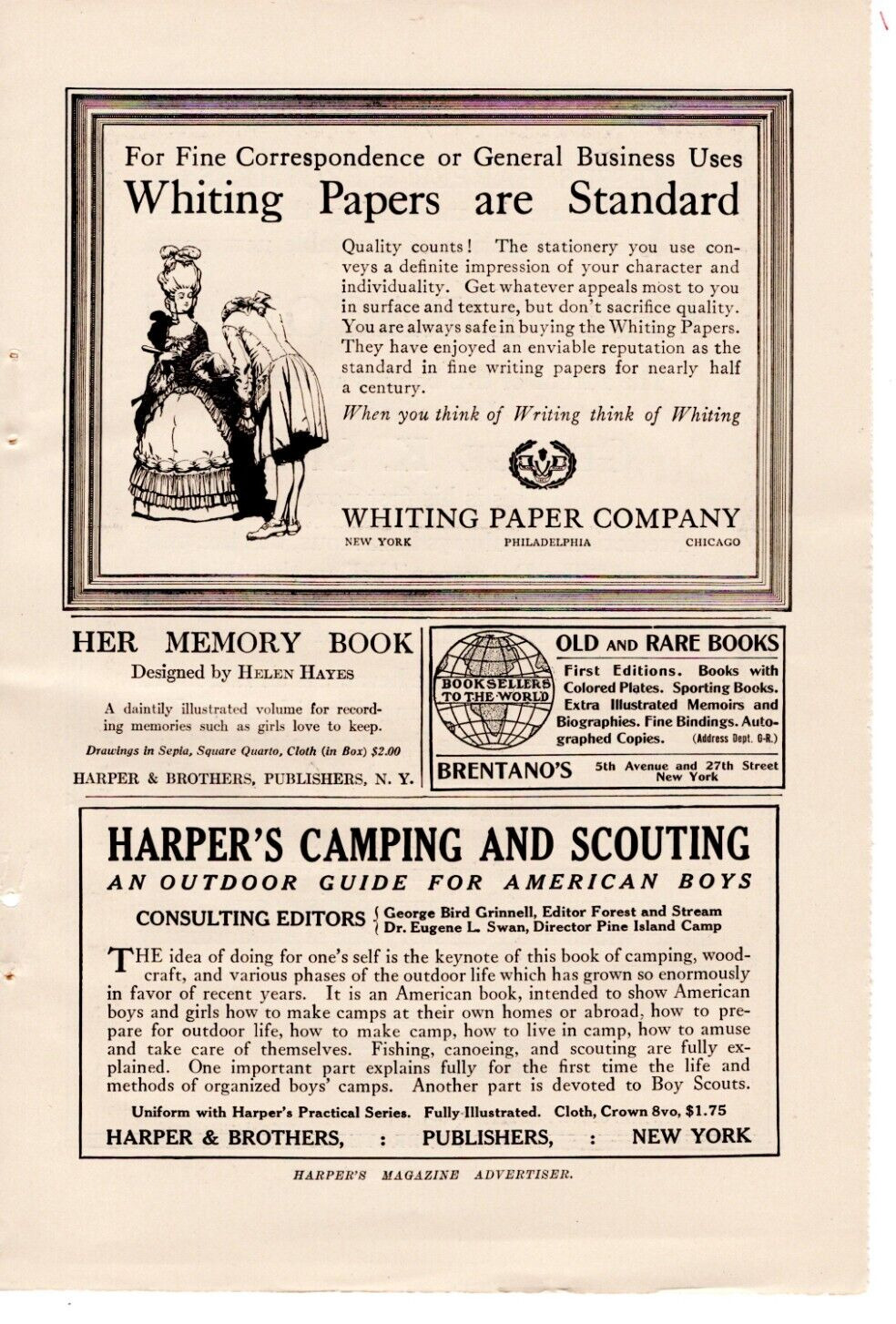 ANTIQUE Print AD Camping Guide Whiting Paper Co Brentano\'s BOOKS HARPER\'S 1913