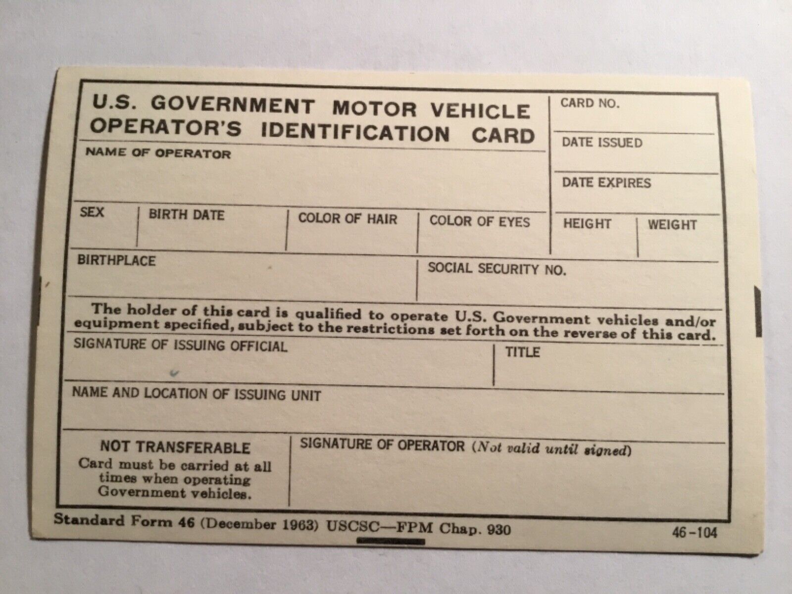 U.S. Government (1965)  Motor Vehicle Operators Identification Card  (NOS).