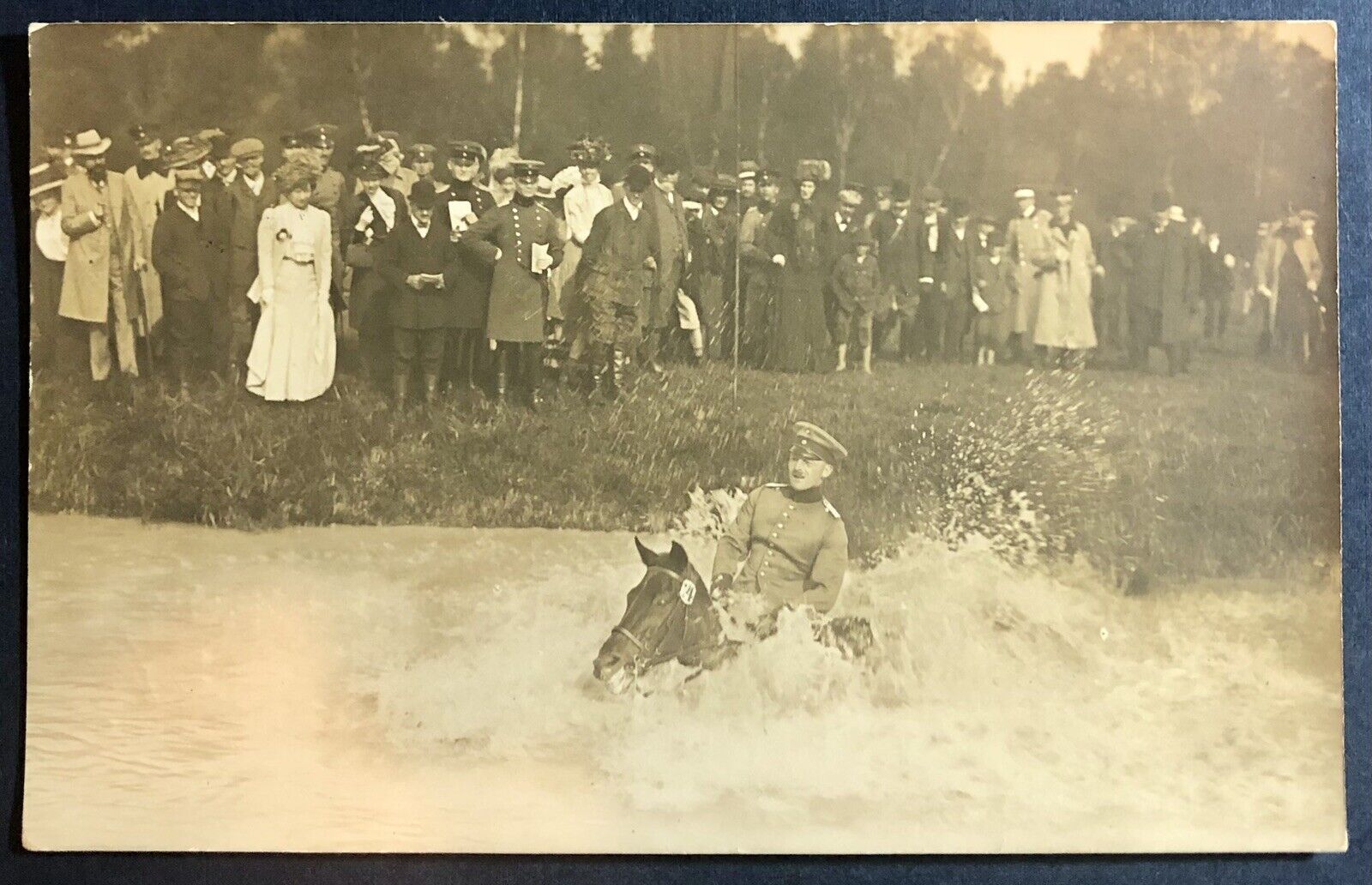 RPPC Real Photo Postcard Germany Man on Horse in Water Racing? Spectators c1920s