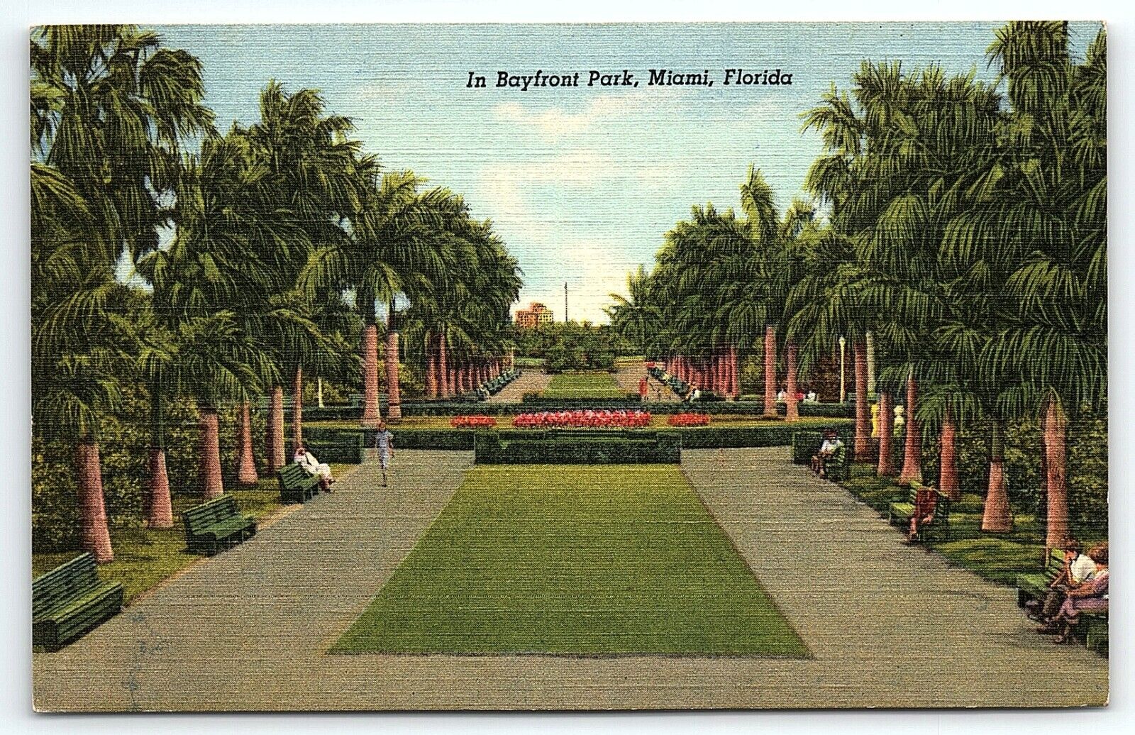 1930s MIAMI FLORIDA BAYFRONT PARK PALMS FLOWERS UNPOSTED LINEN POSTCARD P3228