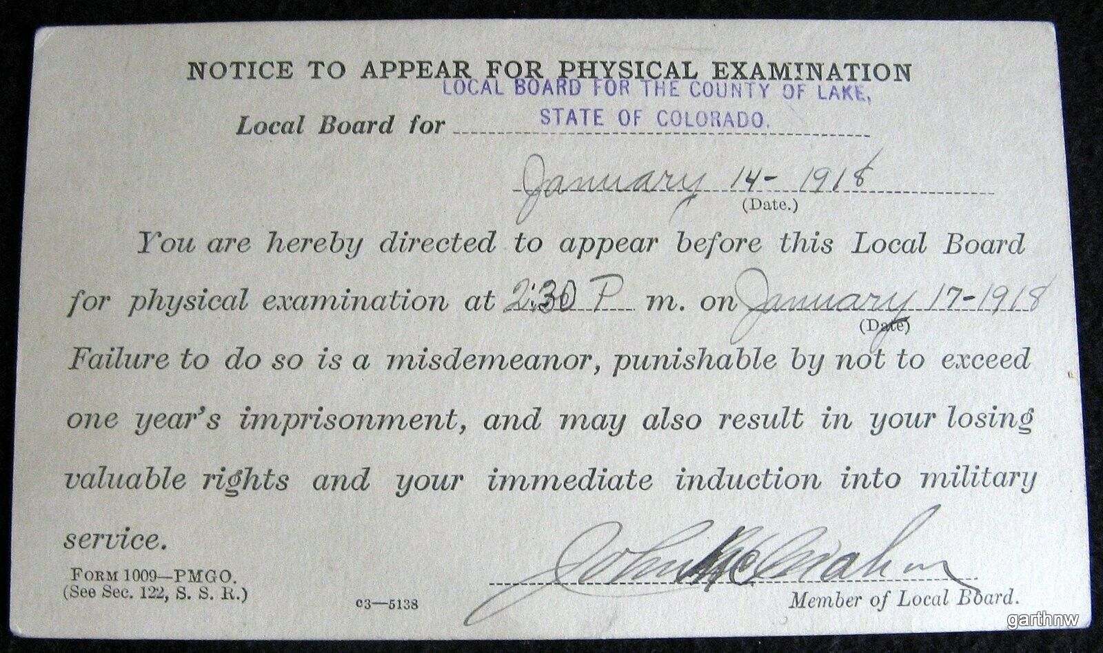 WORLD WAR I 1918 NOTICE TO APPEAR FOR PHYSICAL EXAMINATION COLORADO DRAFT BOARD