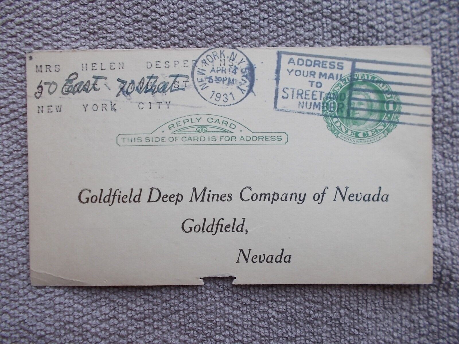 Goldfield Nevada Post Card DOCUMENT: DEEP MINES STOCK HOLDER POSTMARK 1931 GFNV