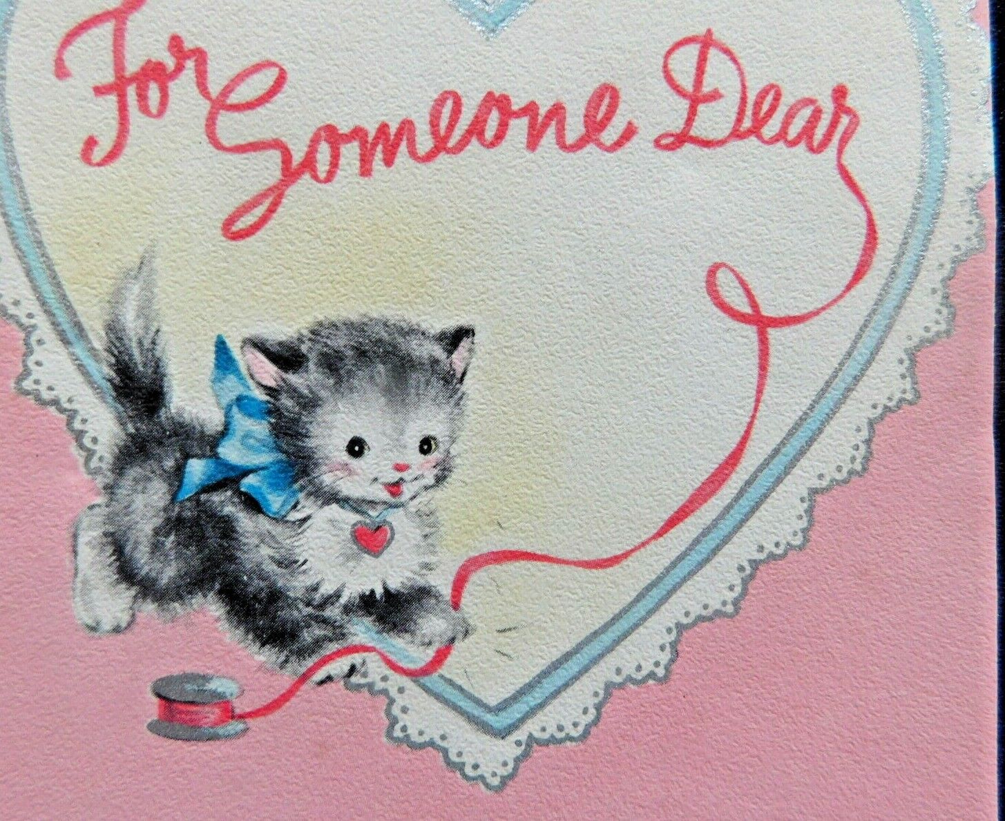 Vintage MCM Hallmark Valentine with Cute Kitten with Blue Bow V121