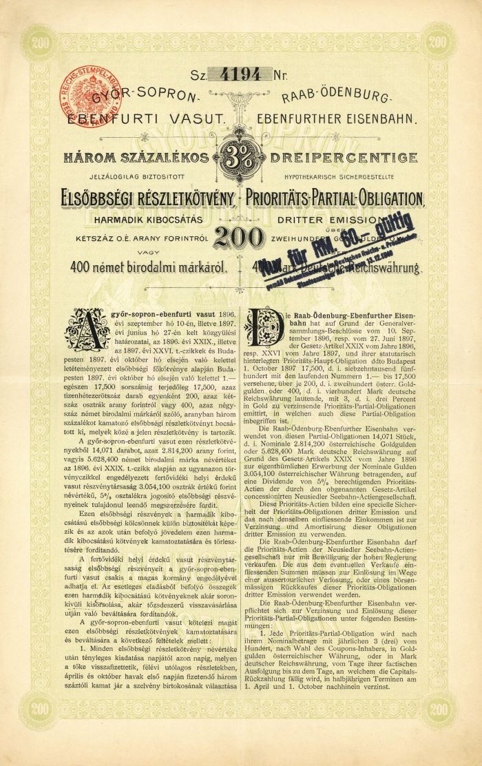 Raab-Odenburg Ebenfurther Eisenbahn - 1897 Hungarian 400 Marks (Uncanceled) Bond