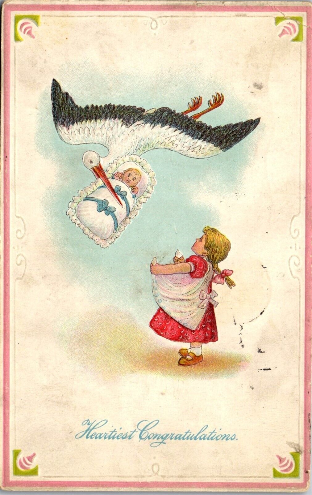 Vintage Postcard Stork Dropping Baby to Little Girl Apron 1910 Congratulations