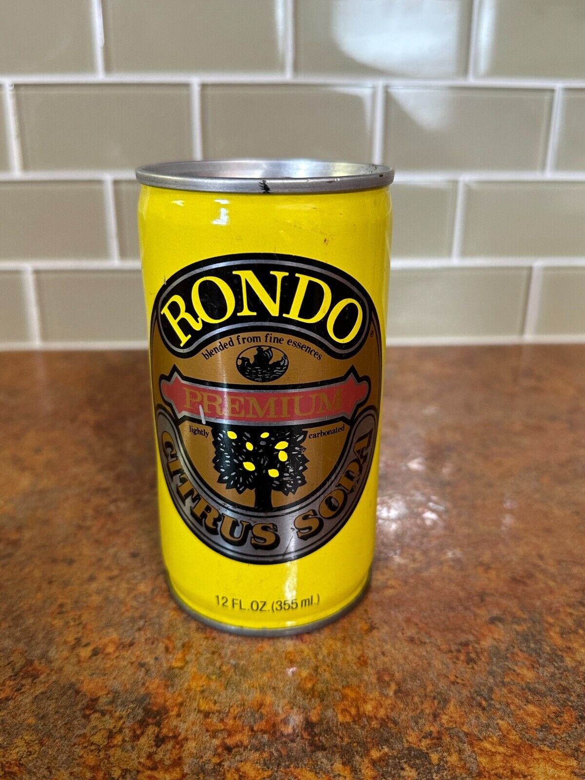 Vintage Rondo Premium Citrus Soda Pull Tab Soda Can 12oz Steel Yellow
