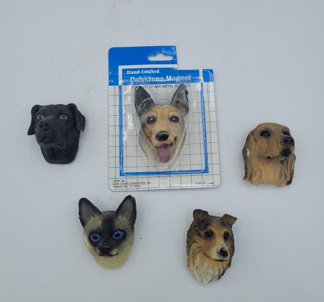 Lot of 5- Dog/Cat  Head Refrigerator Magnets 3D Siamese, Sheltie, Lab,Shepard