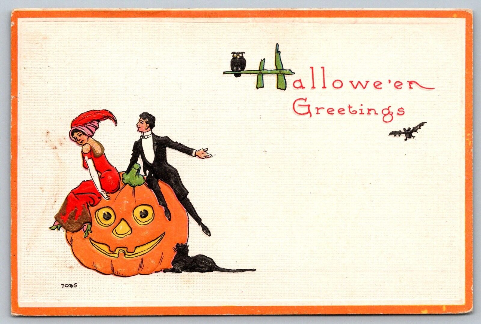 1913 Halloween Postcard Bergman Jack O Lantern Black Cat Man Woman Romantic A31