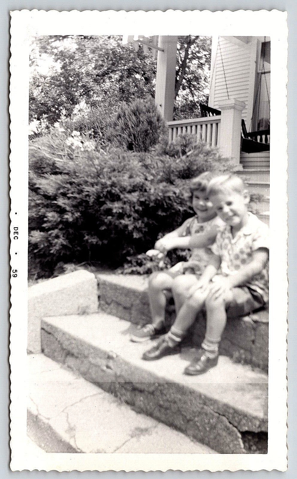 Vintage Antique Photograph Snapshot, Boy And Girl Sitting On Steps Of House 1959