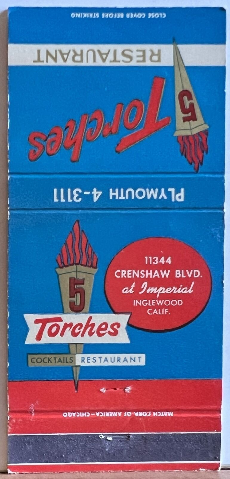 Torches Restaurant Inglewood CA California Vintage Matchbook Cover