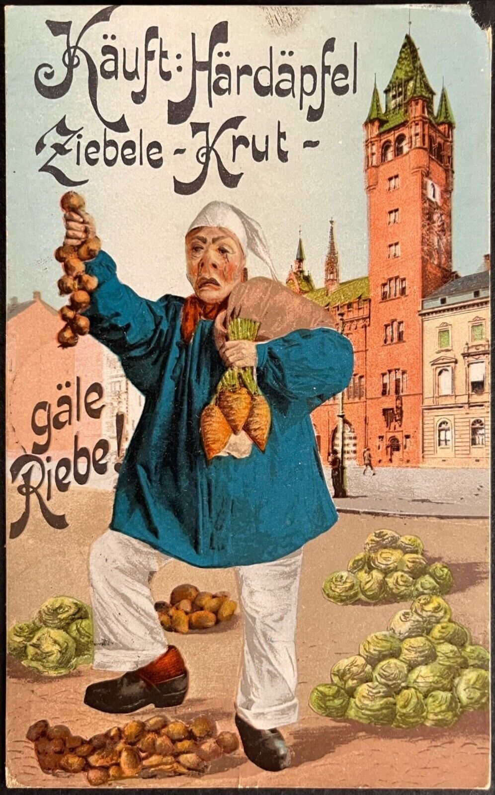 1910 Basel PC Baseler Fastnacht/Carnival/Shrovetide Peasant Selling Vegetables