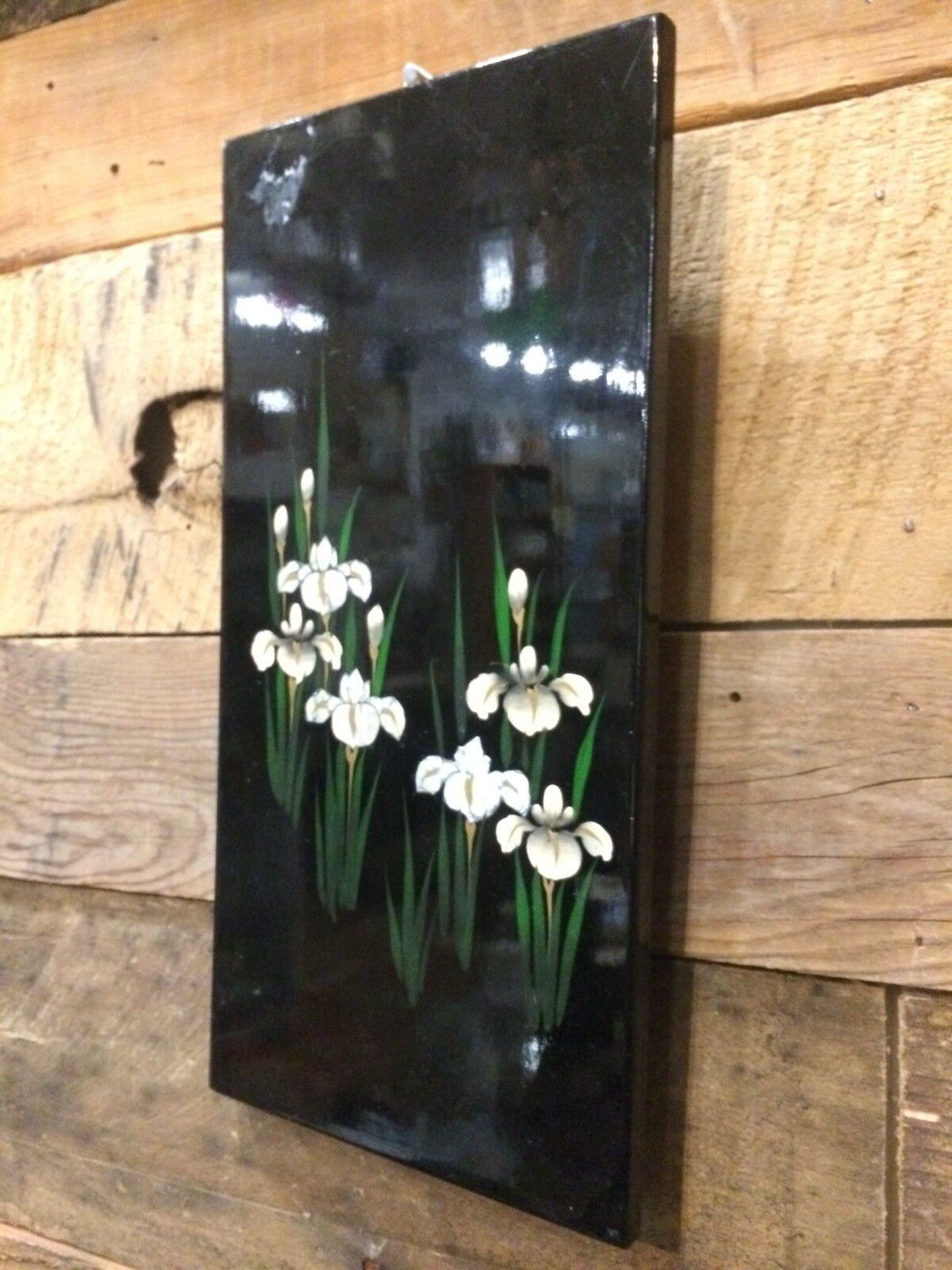 Vintage Antique Midcentury Modern Black Lacquer Iris Flower Plaque Wall Art 